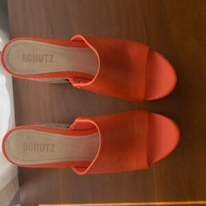 Schutz Dalle Flame Orange Leather Cork Platform Mule Sandals Size 7